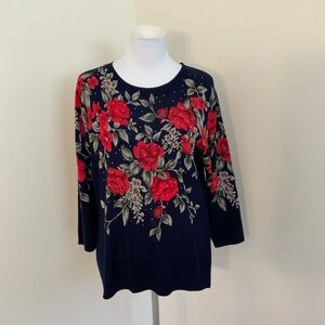 Cathy Daniels Navy Sweater with Red Floral Design